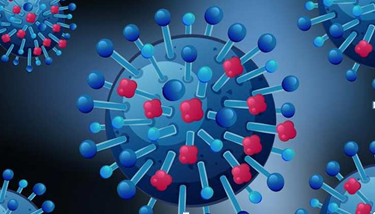 Stylised cartoon depiction of a viral particle with various surface protein spikes